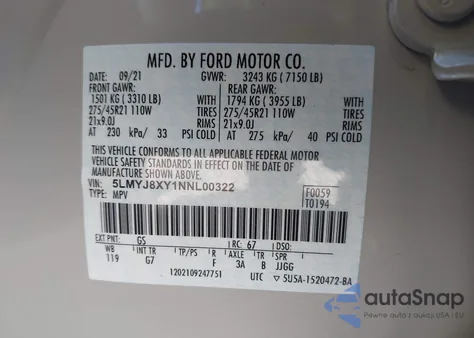 2022 Lincoln Aviator Grand Touring из США, поврежденный, VIN 5LMYJ8XY1NNL00322